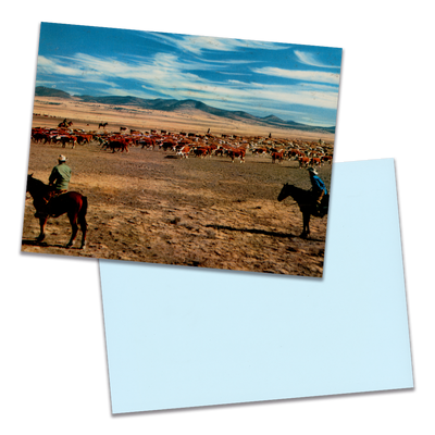 Photo of a 11” x 8.5” notebook cover made from an upcycled The Norman Luboff Choir “Songs Of The West” album sleeve and the back cover with light blue cardstock on a transparent background.