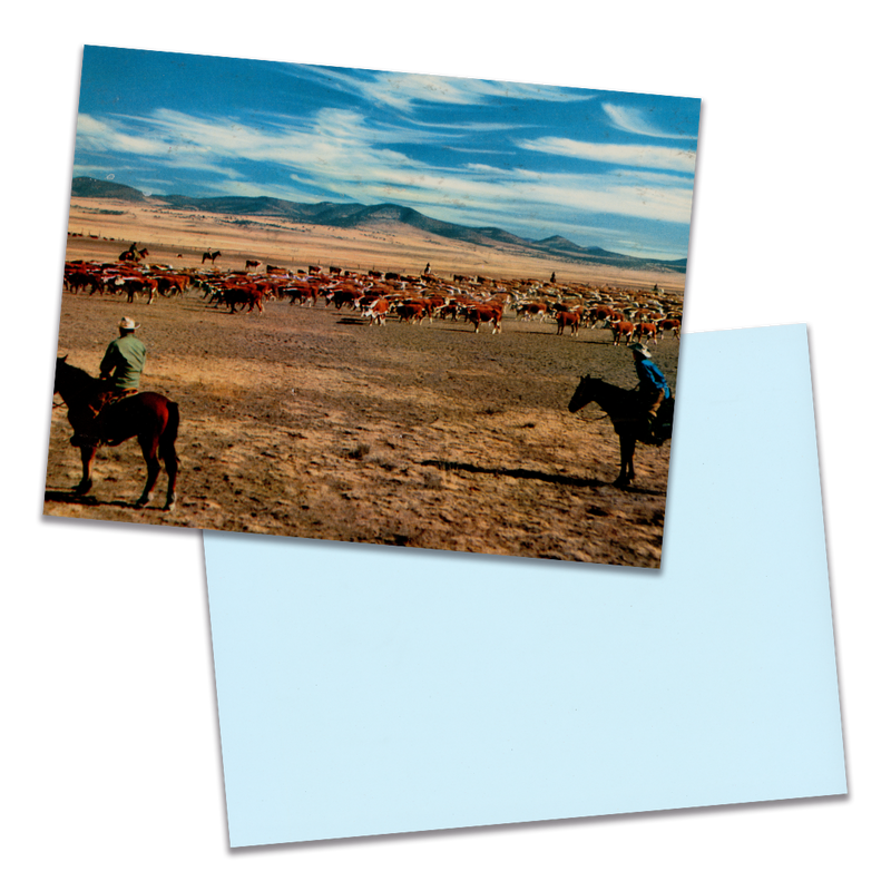 Photo of a 11” x 8.5” notebook cover made from an upcycled The Norman Luboff Choir “Songs Of The West” album sleeve and the back cover with light blue cardstock on a transparent background.