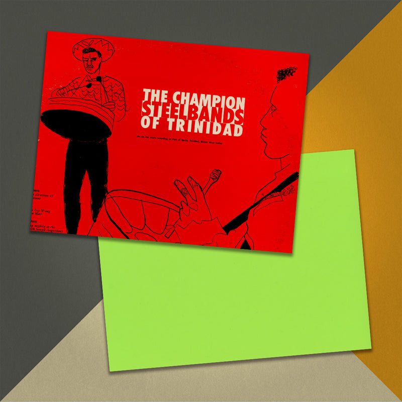 Photo of a 11” x 8.5” notebook cover made from an upcycled Various “The Champion Steelbands Of Trinidad” album sleeve and the back cover with lime green cardstock on an orange, cream and grey background.