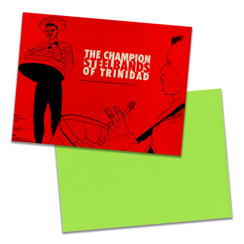 Photo of a 11” x 8.5” notebook cover made from an upcycled Various “The Champion Steelbands Of Trinidad” album sleeve and the back cover with lime green cardstock on a transparent background.