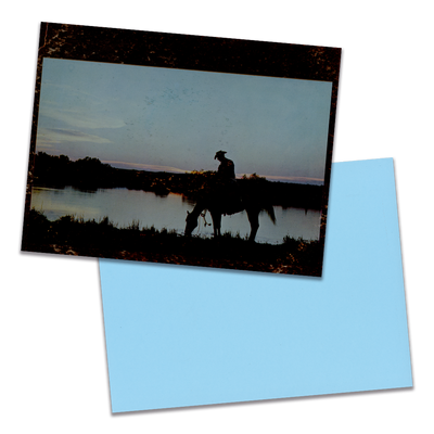 Photo of a 11” x 8.5” notebook cover made from an upcycled Living Voices “Living Voices Sing Songs Of The West” album sleeve and the back cover with bright blue cardstock on a transparent background.