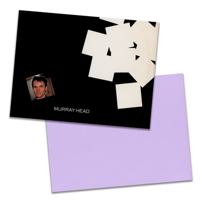 Photo of a 11” x 8.5” notebook cover made from an upcycled Murray Head “One Night in Bangkok” album sleeve and the back cover with light purple cardstock on a transparent background.