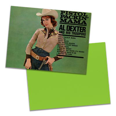 Photo of a 11” x 8.5” notebook cover made from an upcycled Al Dexter And His Troopers “Pistol Packin’ Mama” album sleeve and the back cover with lime green cardstock on a transparent background.