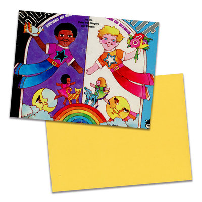 Photo of a 11” x 8.5” notebook cover made from an upcycled The Peter Pan Singers And Players “Black And White” album sleeve and the back cover with yellow cardstock on a transparent background.