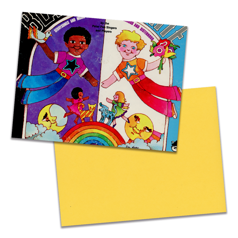 Photo of a 11” x 8.5” notebook cover made from an upcycled The Peter Pan Singers And Players “Black And White” album sleeve and the back cover with yellow cardstock on a transparent background.