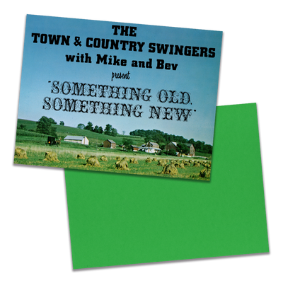 Photo of a 11” x 8.5” notebook cover made from an upcycled The Town & Country Swingers with Mike and Bev “Something Old, Something New” album sleeve and the back cover with green cardstock on a transparent background.