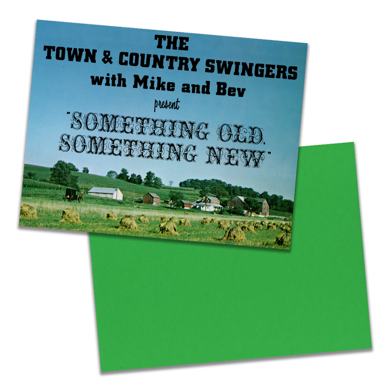 Photo of a 11” x 8.5” notebook cover made from an upcycled The Town & Country Swingers with Mike and Bev “Something Old, Something New” album sleeve and the back cover with green cardstock on a transparent background.