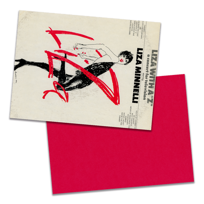 Photo of a 11” x 8.5” notebook cover made from an upcycled Liza Minnelli “Liza With A “Z” (A Concert For Television)” album sleeve and the back cover with red cardstock on a transparent background.