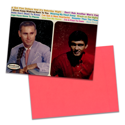 Photo of a 11” x 8.5” notebook cover made from an upcycled George Jones, Gene Pitney “George Jones & Gene Pitney” album sleeve and the back cover with coral cardstock on a transparent background.