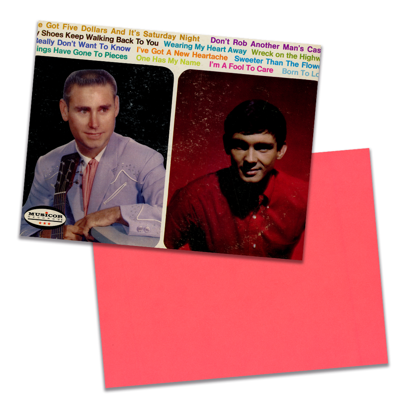 Photo of a 11” x 8.5” notebook cover made from an upcycled George Jones, Gene Pitney “George Jones & Gene Pitney” album sleeve and the back cover with coral cardstock on a transparent background.