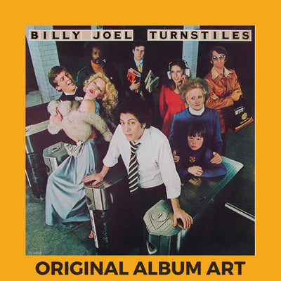 Photo of the cover of the Billy Joel “Turnstiles” album sleeve with the text “Original Album Art” on an orange border around the photo.