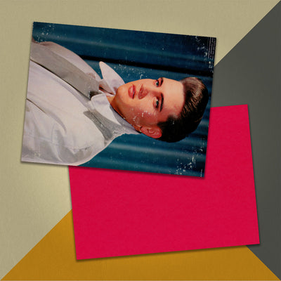 Photo of a 11” x 8.5” notebook cover made from an upcycled Elvis Presley “50,000,000 Elvis Fans Can’t Be Wrong (Elvis’ Gold Records, Vol. 2)” album sleeve and the back cover with red cardstock on an orange, cream and grey background.