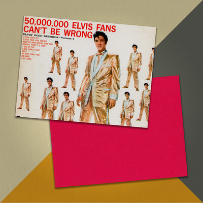 Photo of a 11” x 8.5” notebook cover made from an upcycled Elvis Presley “50,000,000 Elvis Fans Can’t Be Wrong (Elvis’ Gold Records, Vol. 2)” album sleeve and the back cover with red cardstock on an orange, cream and grey background.