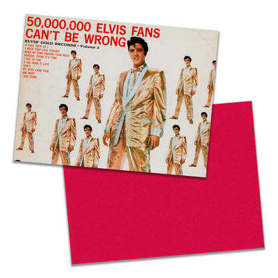 Photo of a 11” x 8.5” notebook cover made from an upcycled Elvis Presley “50,000,000 Elvis Fans Can’t Be Wrong (Elvis’ Gold Records, Vol. 2)” album sleeve and the back cover with red cardstock on a transparent background.