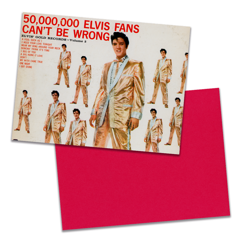 Photo of a 11” x 8.5” notebook cover made from an upcycled Elvis Presley “50,000,000 Elvis Fans Can’t Be Wrong (Elvis’ Gold Records, Vol. 2)” album sleeve and the back cover with red cardstock on a transparent background.