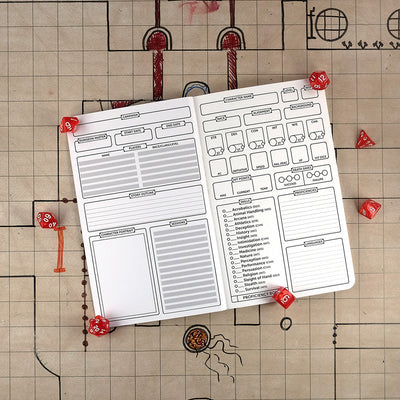 Inside cover and first page of the barbarian notebook with a blank campaign tracking sheet on the left and a blank character sheet on the right. The notebook sits on a grid map surrounded by dice.