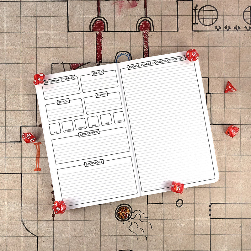 Fourth and fifth pages with further character trait tracking on the left and a sheet for people, places & objects of interest on the right. The notebook sits on a grid map surrounded by dice.