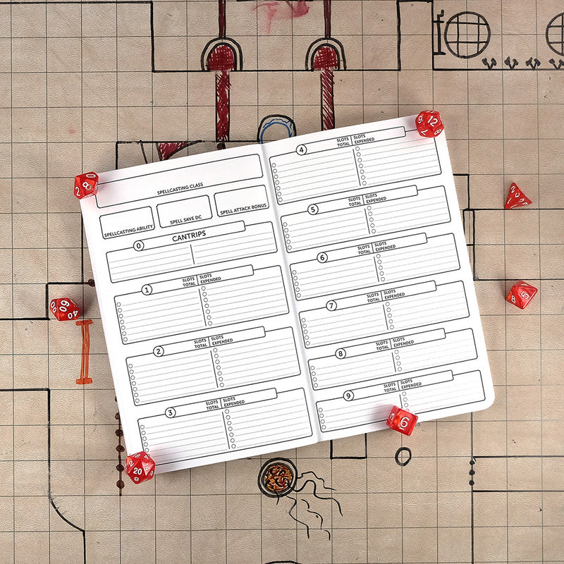 Sixth and seventh pages of the barbarian notebook with blank areas for tracking your characters spells. The notebook sits on a grid map surrounded by dice.