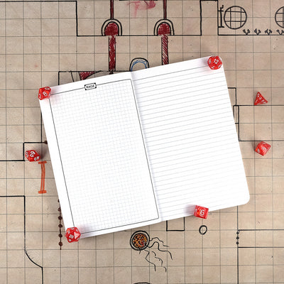 Eighth page of the barbarian notebook with a graph page for rage tracking on the right. On the left is a blank ruled page for note taking. The notebook sits on a grid map surrounded by dice.