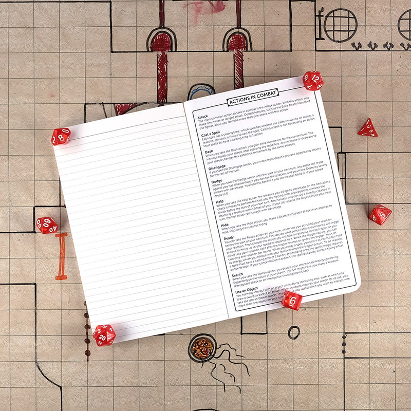 Last page and inside back cover of the barbarian notebook with a ruled page for note taking on the left and a list of actions in combat on the right. The notebook sits on a grid map surrounded by dice.