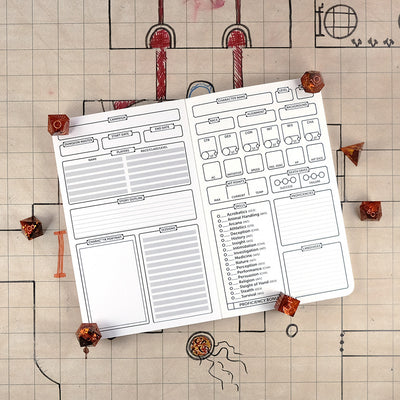 Inside cover and first page of the bard notebook with a blank campaign tracking sheet on the left and a blank character sheet on the right. The notebook sits on a grid map surrounded by dice.