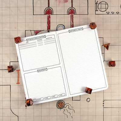 Second and third pages of the bard notebook with areas for tracking attacks & spellcasting and equipment on the right and a ruled sheet for features & traits on the right. The notebook sits on a grid map surrounded by dice.