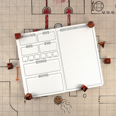 Fourth and fifth pages with further character trait tracking on the left and a sheet for people, places & objects of interest on the right. The notebook sits on a grid map surrounded by dice.