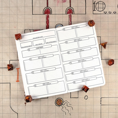 Sixth and seventh pages of the bard notebook with blank areas for tracking your characters spells. The notebook sits on a grid map surrounded by dice.