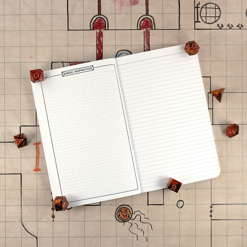 Eighth page of the bard notebook with a graph page for bardic inspiration on the right. On the left is a blank ruled page for note taking. The notebook sits on a grid map surrounded by dice.