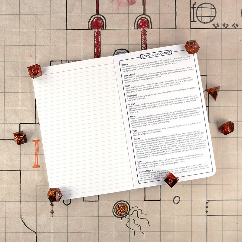 Last page and inside back cover of the bard notebook with a ruled page for note taking on the left and a list of actions in combat on the right. The notebook sits on a grid map surrounded by dice.