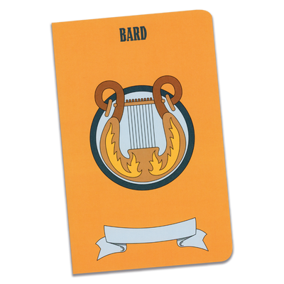 A large bard notebook with a bright orange cover and an illustration of a lyre on a transparent background.