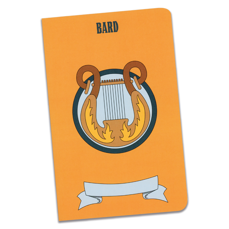 A large bard notebook with a bright orange cover and an illustration of a lyre on a transparent background.