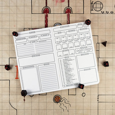 Inside cover and first page of the blood hunter notebook with a blank campaign tracking sheet on the left and a blank character sheet on the right. The notebook sits on a grid map surrounded by dice.