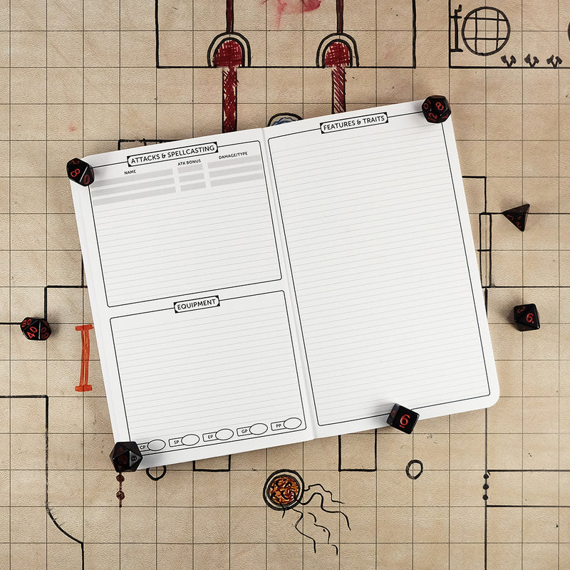 Second and third pages of the blood hunter notebook with areas for tracking attacks & spellcasting and equipment on the right and a ruled sheet for features & traits on the right. The notebook sits on a grid map surrounded by dice.