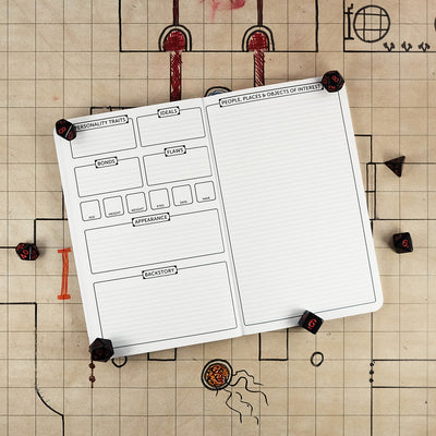 Fourth and fifth pages with further character trait tracking on the left and a sheet for people, places & objects of interest on the right. The notebook sits on a grid map surrounded by dice.