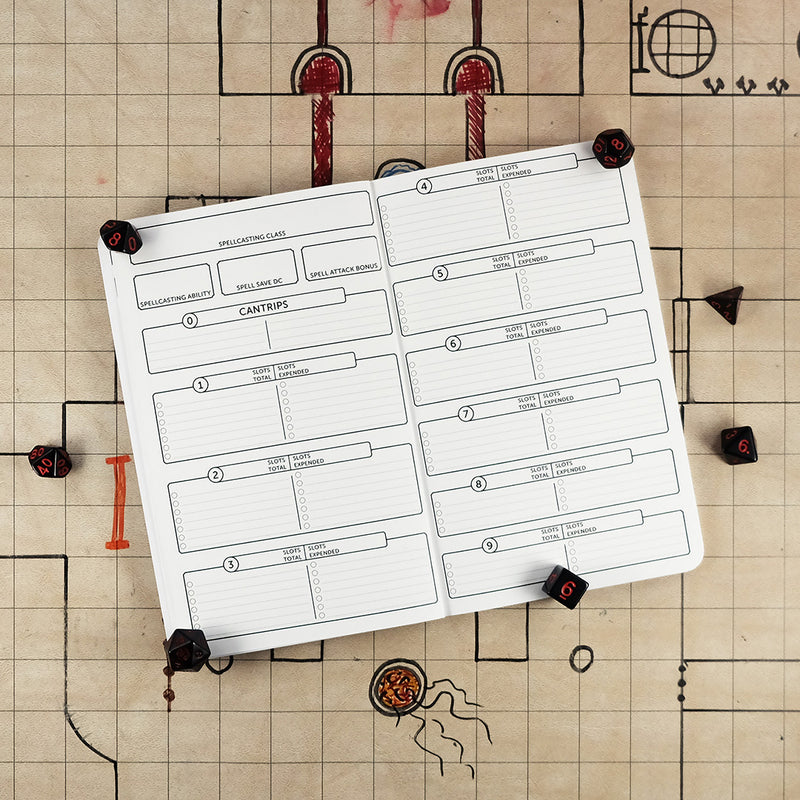 Sixth and seventh pages of the blood hunter notebook with blank areas for tracking your characters spells. The notebook sits on a grid map surrounded by dice.