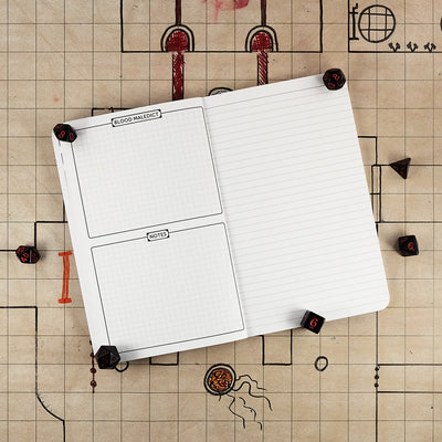 Eighth page of the blood hunter notebook with graph sections for blood maledict and notes on the right. On the left is a blank ruled page for note taking. The notebook sits on a grid map surrounded by dice.