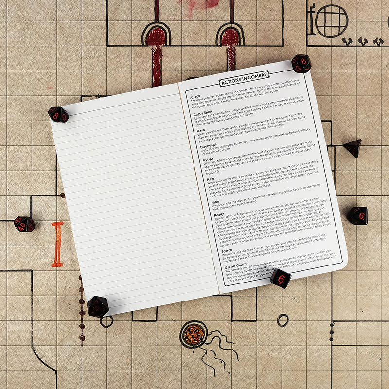 Last page and inside back cover of the blood hunter notebook with a ruled page for note taking on the left and a list of actions in combat on the right. The notebook sits on a grid map surrounded by dice.