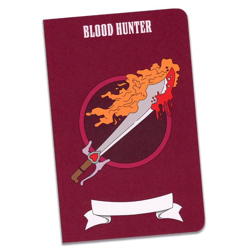 A large blood hunter notebook with a dark red cover and an illustration of a flaming sword with blood on the tip on a transparent background.