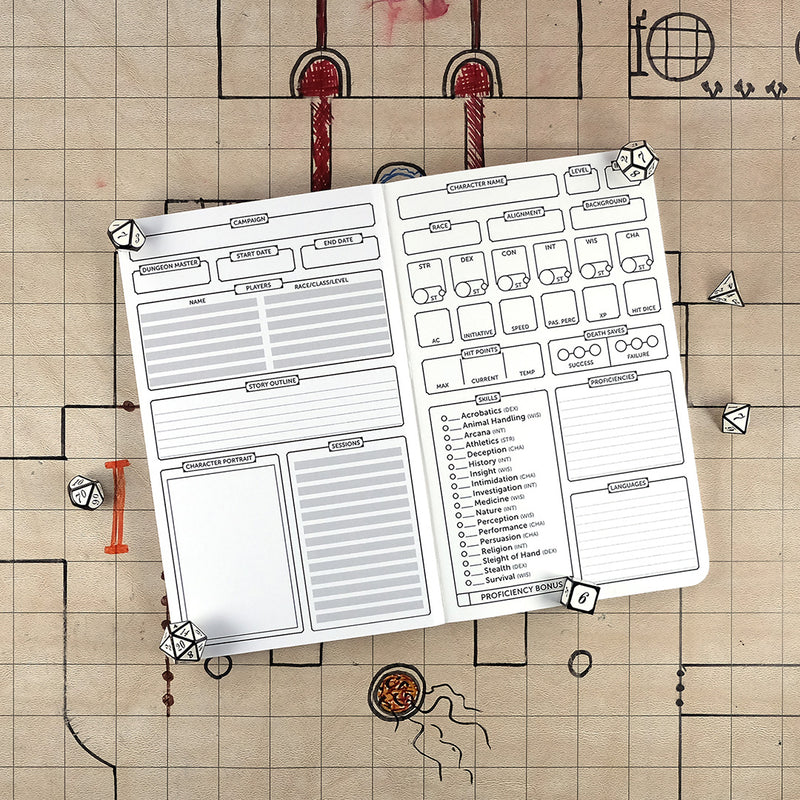 Inside cover and first page of the cleric notebook with a blank campaign tracking sheet on the left and a blank character sheet on the right. The notebook sits on a grid map surrounded by dice.