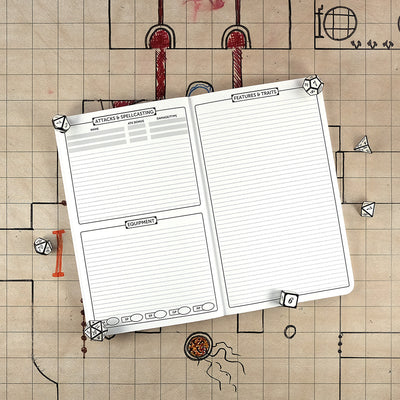 Second and third pages of the cleric notebook with areas for tracking attacks & spellcasting and equipment on the right and a ruled sheet for features & traits on the right. The notebook sits on a grid map surrounded by dice.