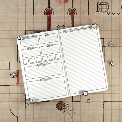 Fourth and fifth pages with further character trait tracking on the left and a sheet for people, places & objects of interest on the right. The notebook sits on a grid map surrounded by dice.