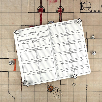 Sixth and seventh pages of the cleric notebook with blank areas for tracking your characters spells. The notebook sits on a grid map surrounded by dice.