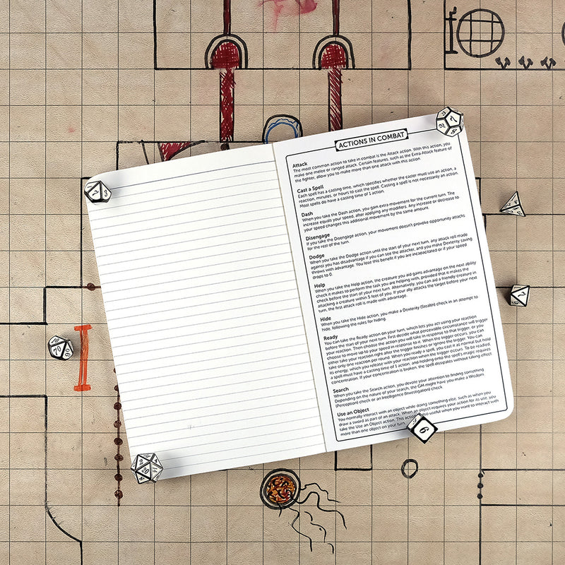 Last page and inside back cover of the cleric notebook with a ruled page for note taking on the left and a list of actions in combat on the right. The notebook sits on a grid map surrounded by dice.