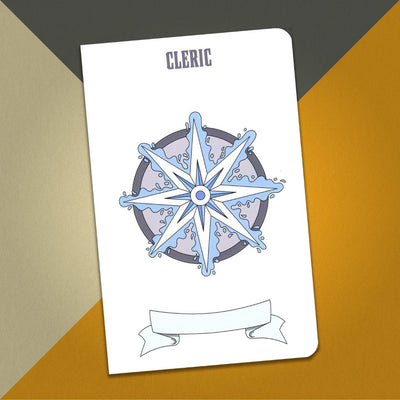 A large cleric notebook with a white cover and an illustration of an eight pointed star surrounded by blue energy on an orange, cream and grey background.