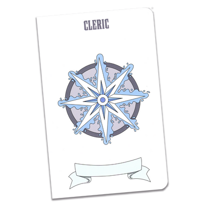 A large cleric notebook with a white cover and an illustration of an eight pointed star surrounded by blue energy on a transparent background.