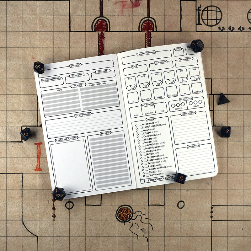 Inside cover and first page of the DIY character notebook with a blank campaign tracking sheet on the left and a blank character sheet on the right. The notebook sits on a grid map surrounded by dice.