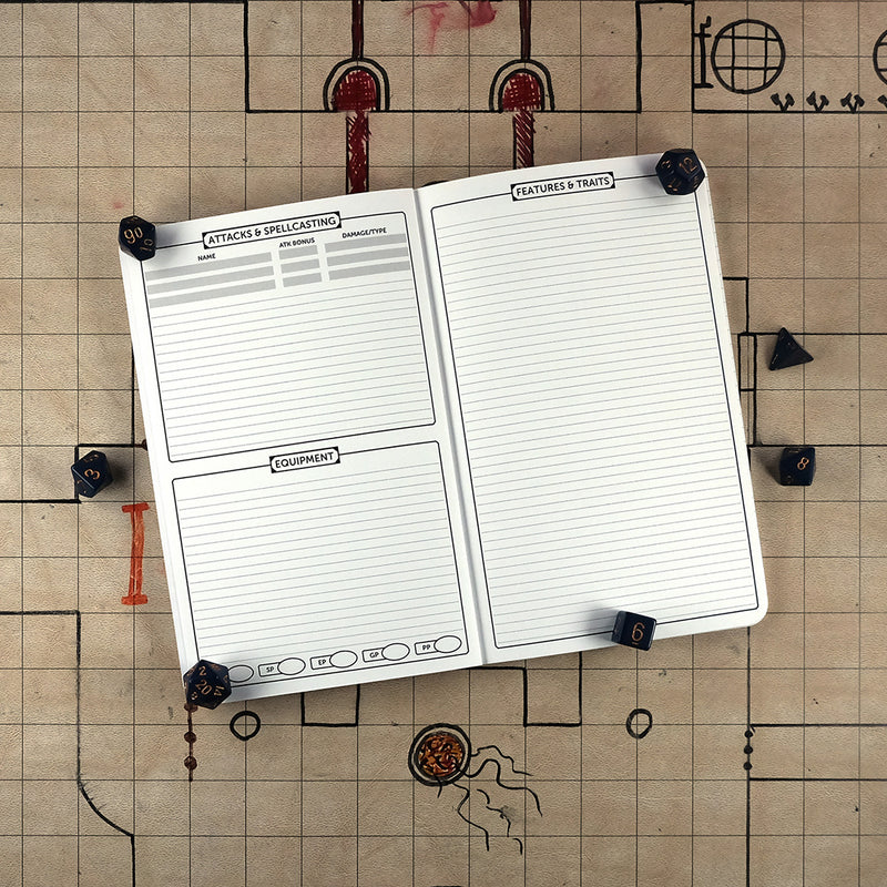 Second and third pages of the DIY character notebook with areas for tracking attacks & spellcasting and equipment on the right and a ruled sheet for features & traits on the right. The notebook sits on a grid map surrounded by dice.