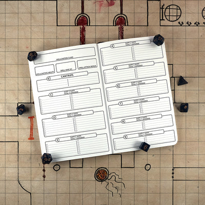 Sixth and seventh pages of the DIY character notebook with blank areas for tracking your characters spells. The notebook sits on a grid map surrounded by dice.