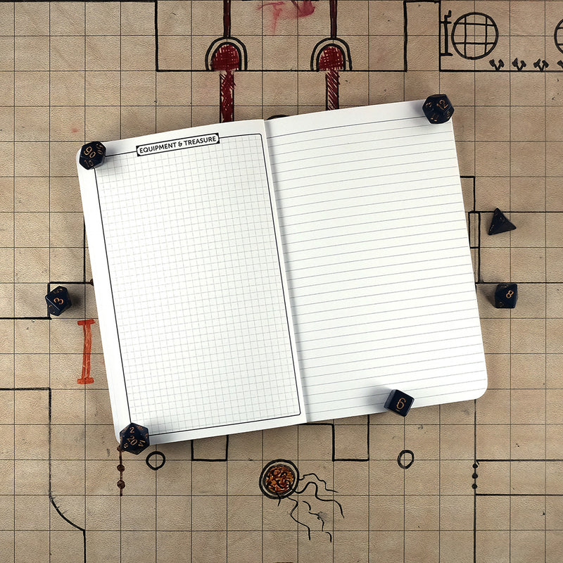 Eighth page of the DIY character notebook with a graph page for equipment & treasure on the right. On the left is a blank ruled page for note taking. The notebook sits on a grid map surrounded by dice.